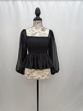 Guess Black Smocked Peplum Top with Sheer Puff Sleeves